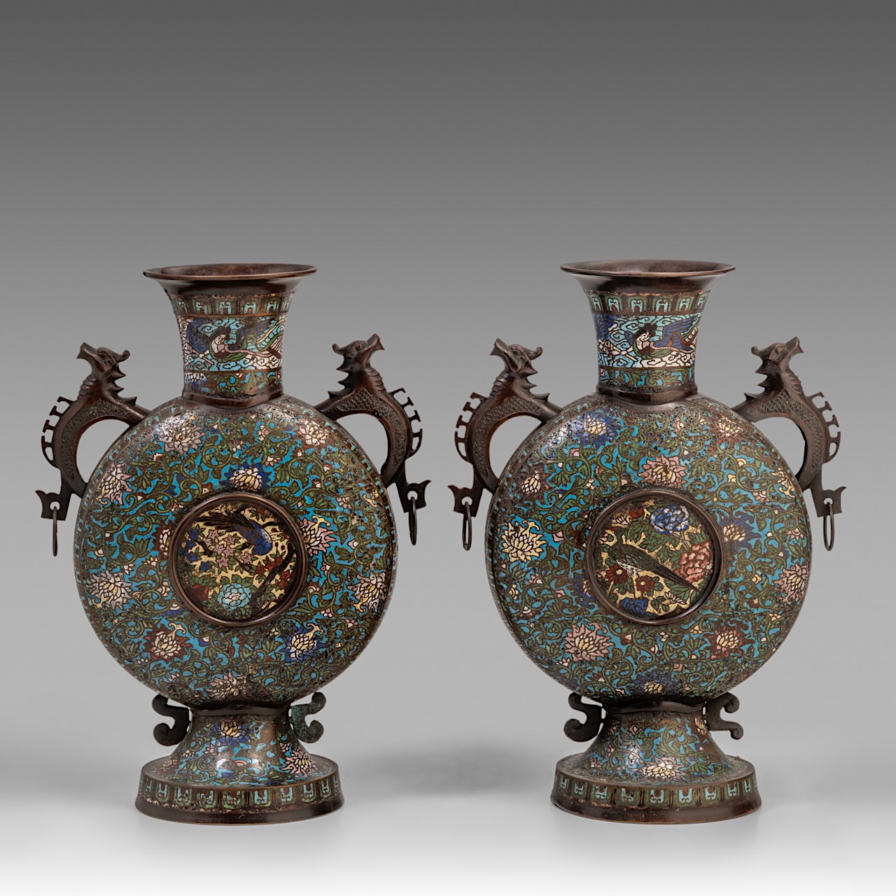 A pair of Japanese champleve enamelled bronze moonflask vases, late Meiji (1868-1912), H 50 cm