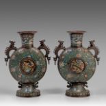 A pair of Japanese champleve enamelled bronze moonflask vases, late Meiji (1868-1912), H 50 cm