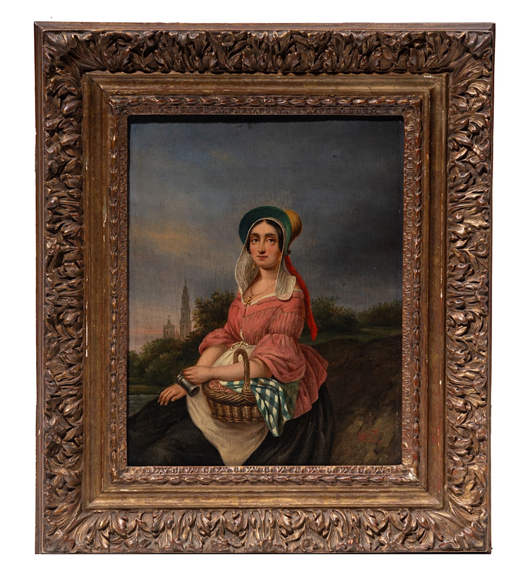 Lady with basket, German Biedermeier, ca. 1840, oil on panel 31 x 24 cm. (12.2 x 9.4 in.), Frame: 46 - Image 2 of 5