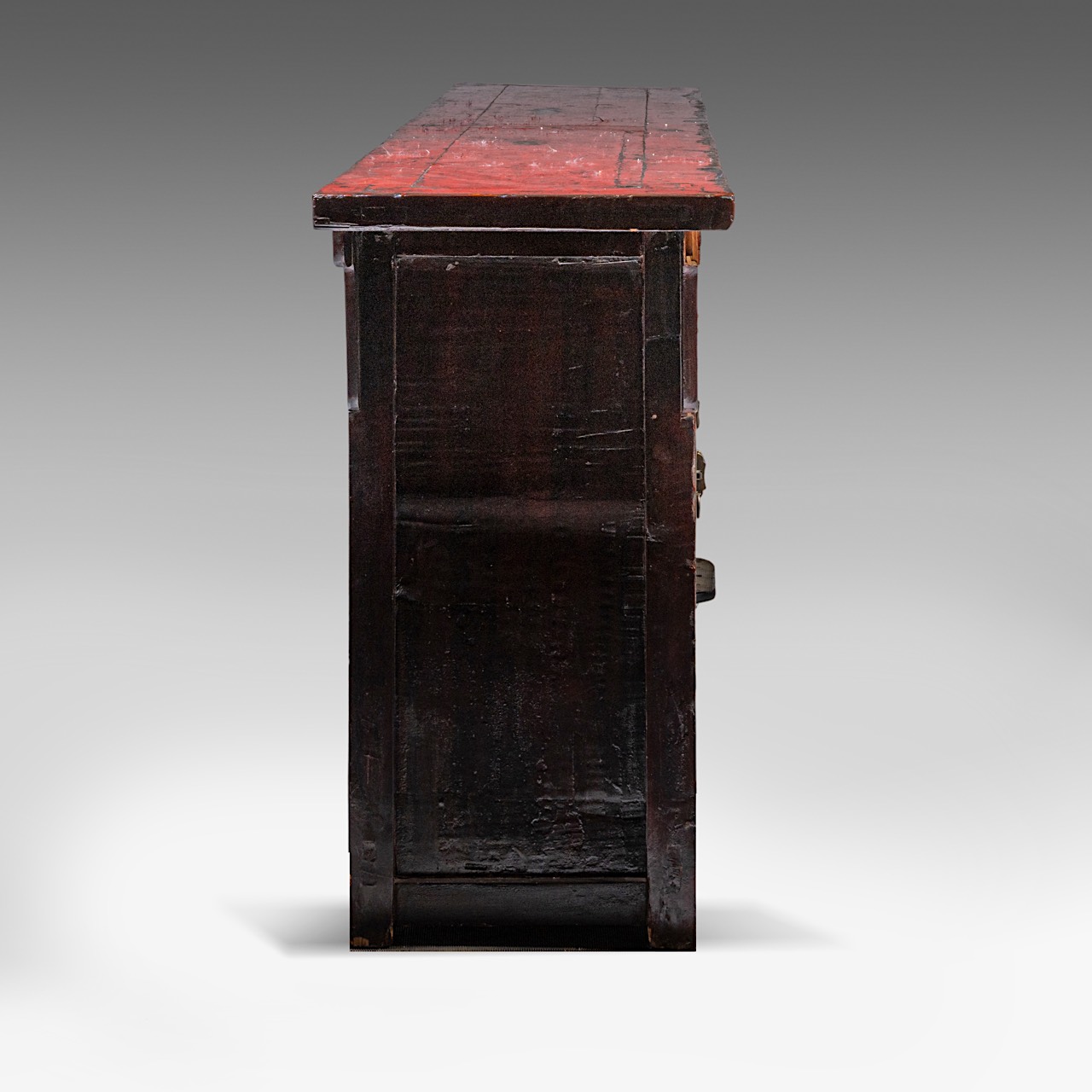 A long South Chinese eight-door red stained cabinet, vintage, L 310 cm - H 96 - D 50 cm - Image 6 of 10