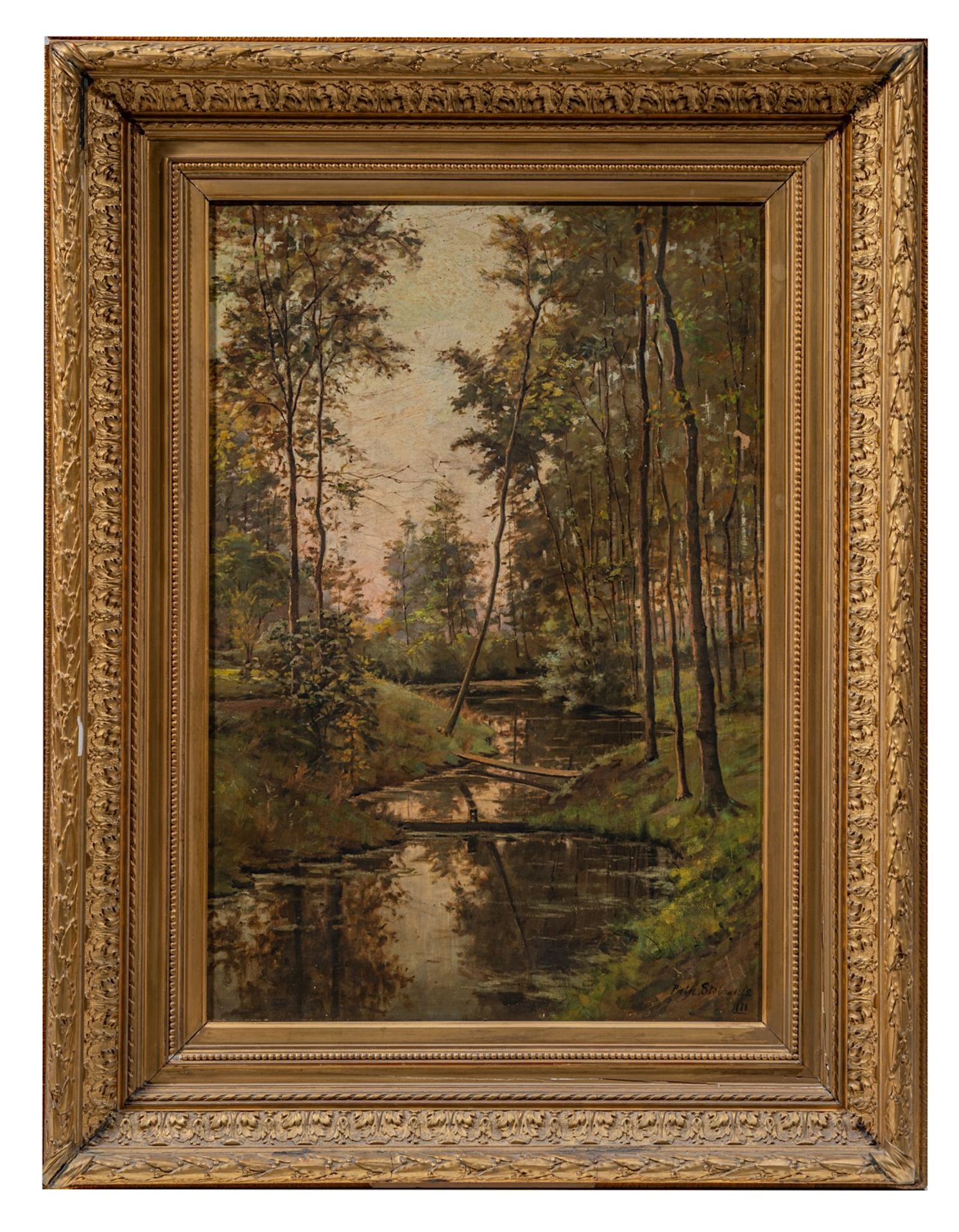 Pieter Stobbaerts (1865-1948), creeck in a forest, 1888, oil on canvas 80 x 55 cm. (31 1/2 x 21.6 in - Image 2 of 6