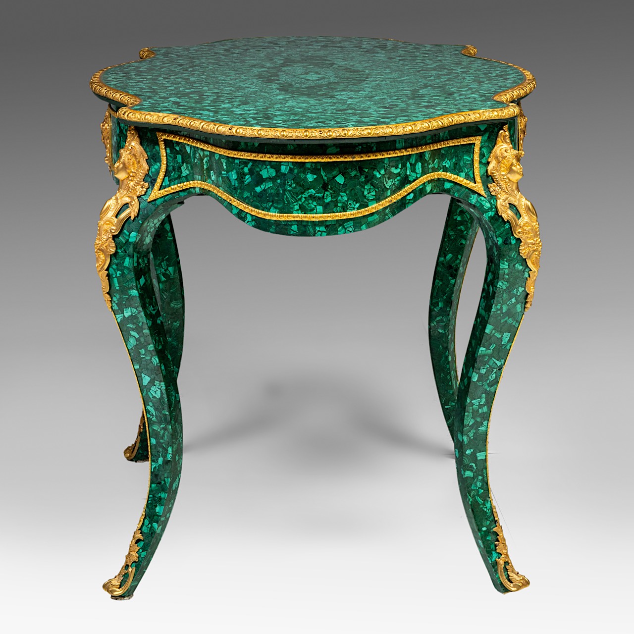 A Napoleon III-style malachite table with gilt bronze mounts, H 138 cm - W 83 cm - D 80 cm - Image 5 of 10