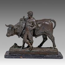 Leon Mignon (1847-1898), farmer resting with his ox, patinated bronze on a marble base, H 51 - 55 -