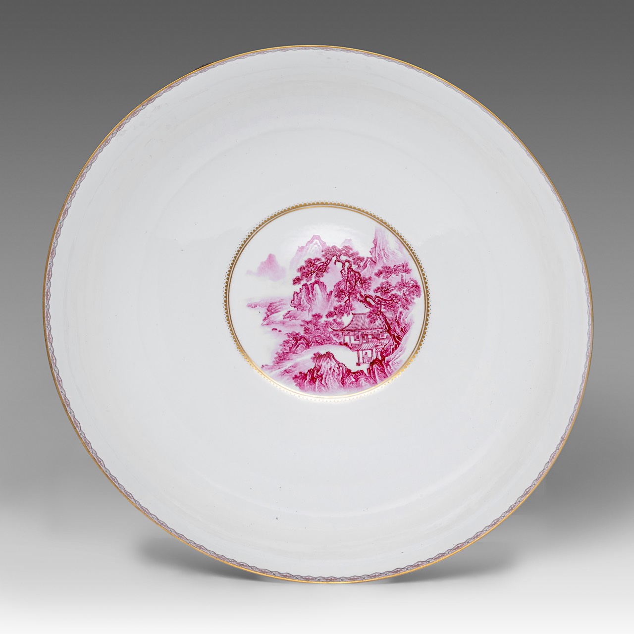 A rare and large Chinese famille rose 'Beauties in a Garden' eggshell punch bowl, with a Yongzheng m - Image 6 of 9