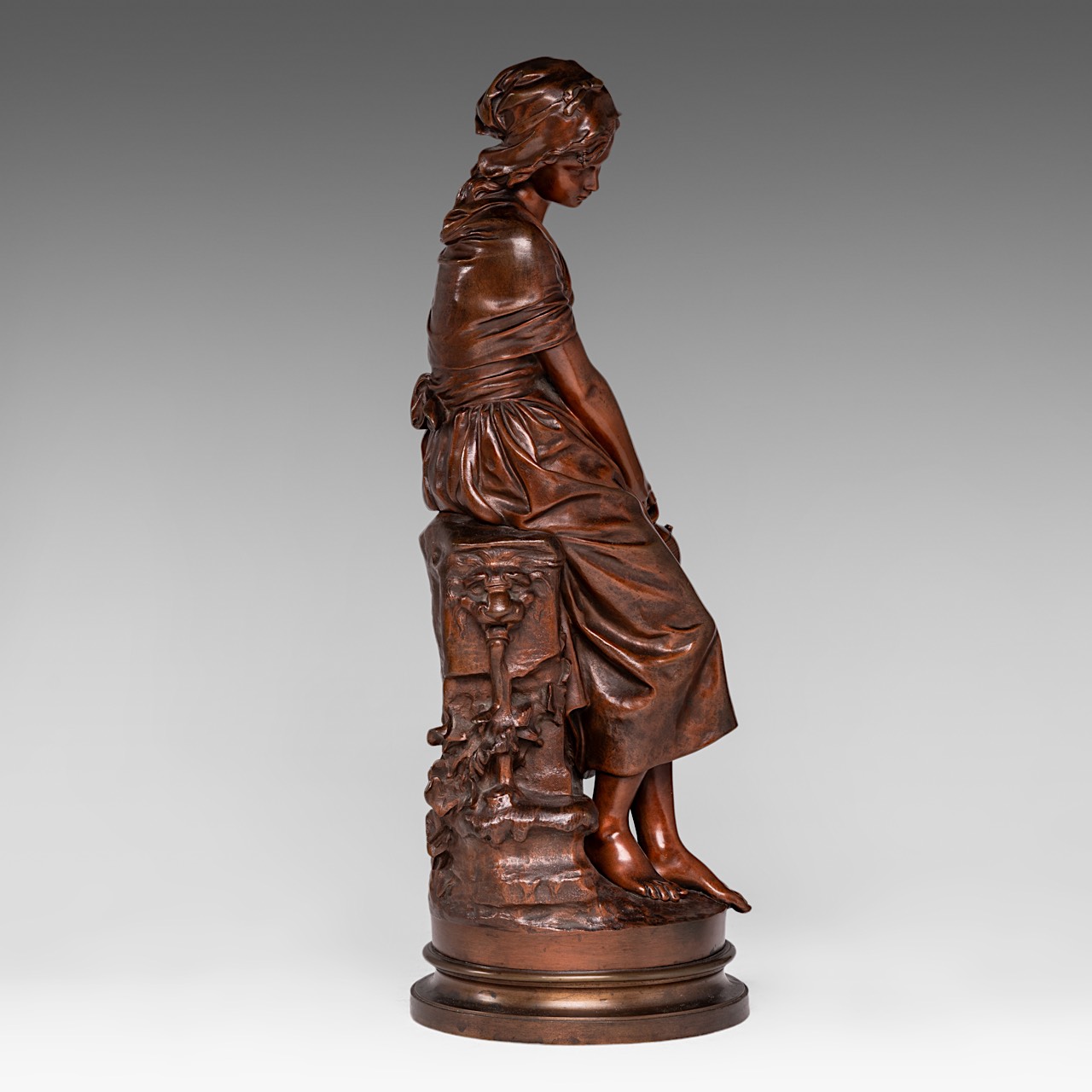 Mathurin Moreau (1822-1912), young girl with a jug, patinated bronze, foundry mark of E. Godeau, Par - Image 5 of 8