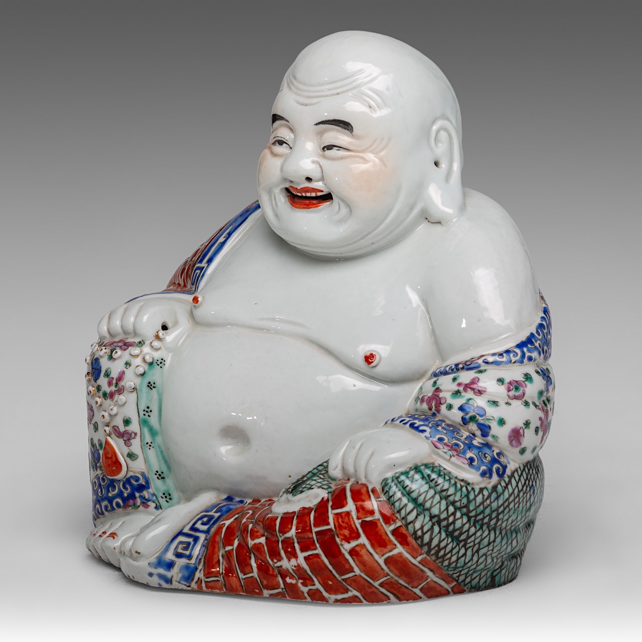 A Chinese famille rose enamelled biscuit figure of smiling a Budai, with an impressed mark, 20thC, H - Image 9 of 14