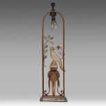 A vintage Art Deco lamp, metal frame with a glass bird, H 85 cm