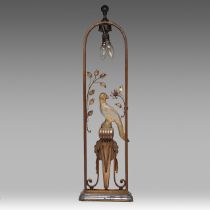 A vintage Art Deco lamp, metal frame with a glass bird, H 85 cm