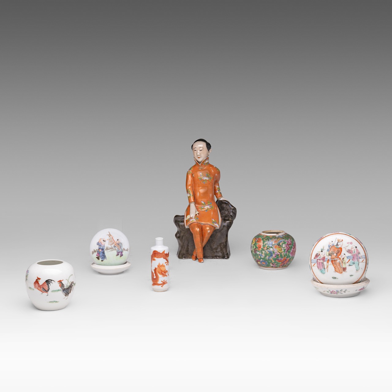 A small collection of Chinese famille rose ware, incl. famille rose figural snuff bottle, some marke