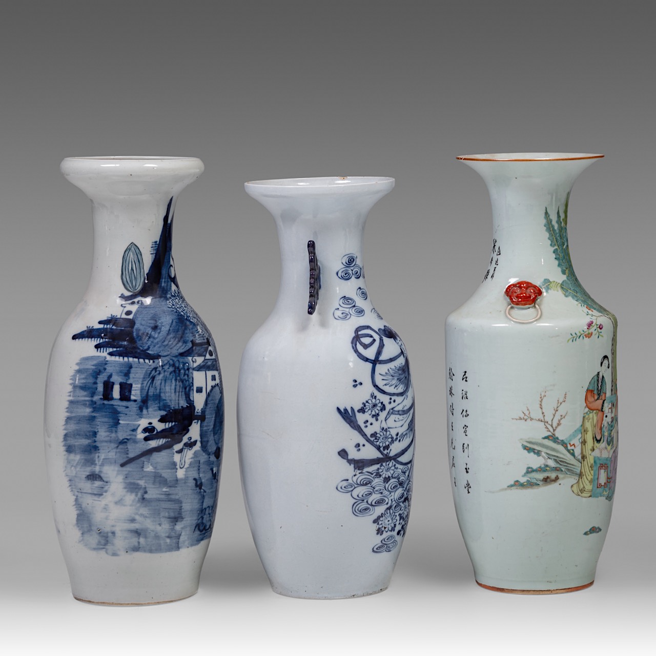 A Chinese qianjiangcai 'Beauties in a Garden' vase, with a signed text, paired with red lion handles - Image 4 of 6