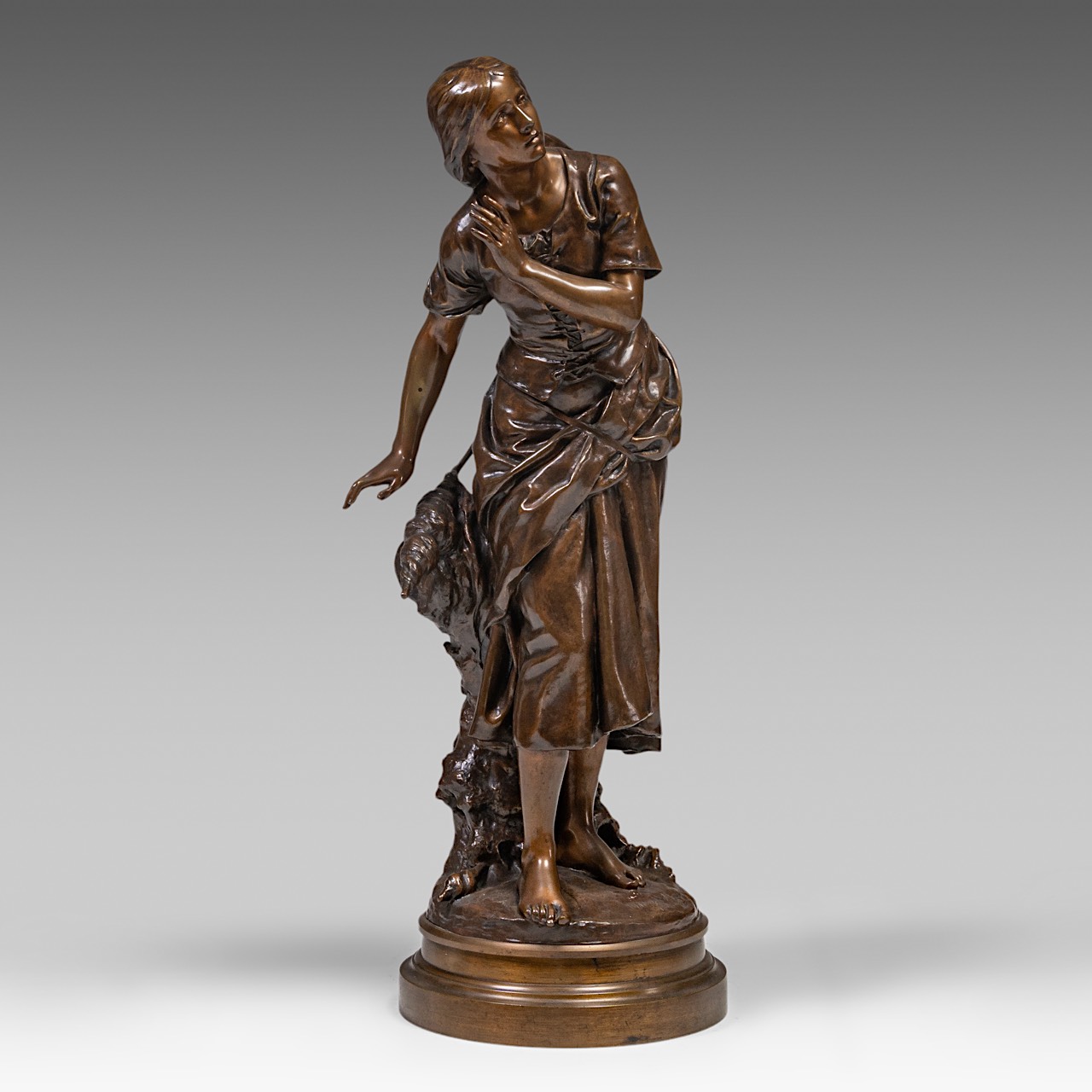 Mathurin Moreau (1822-1912), the spinner, patinated bronze, Hors Concours, H 89 cm