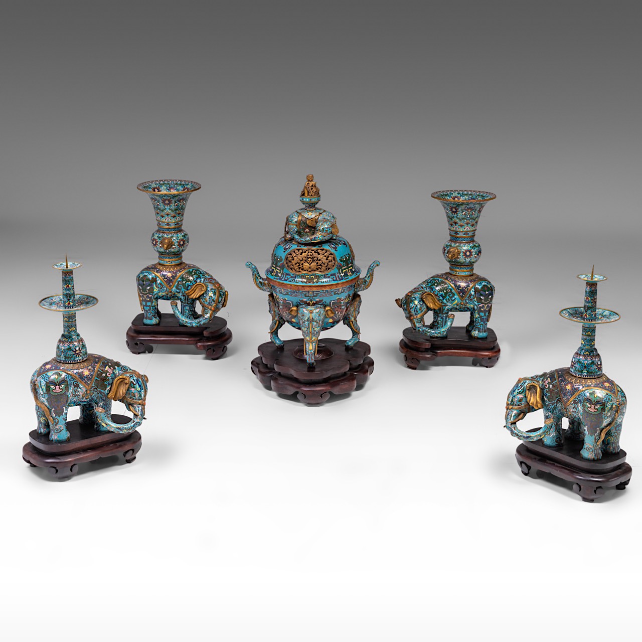 A Chinese five-piece semi-precious stone inlaid cloisonne garniture, late Qing/20thC, tallest H 58 - - Image 24 of 24