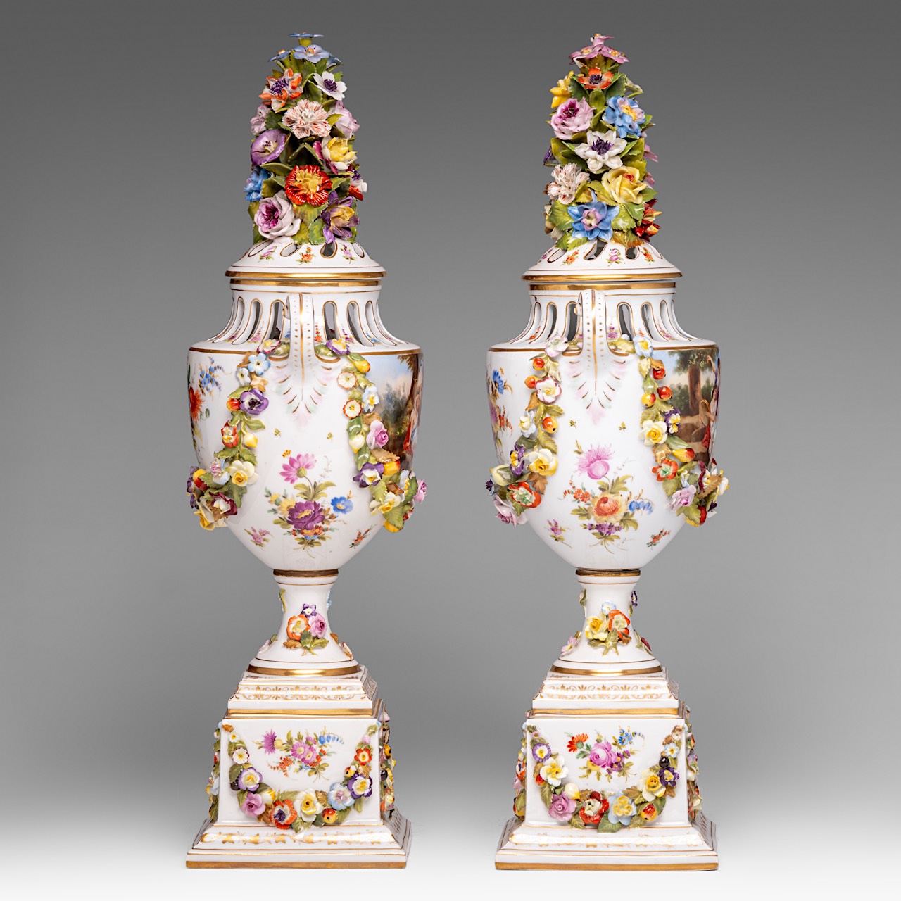 A pair of Saxony porcelain urns, with hand-painted roundels and flower relief decoration, marked Aug - Image 4 of 14