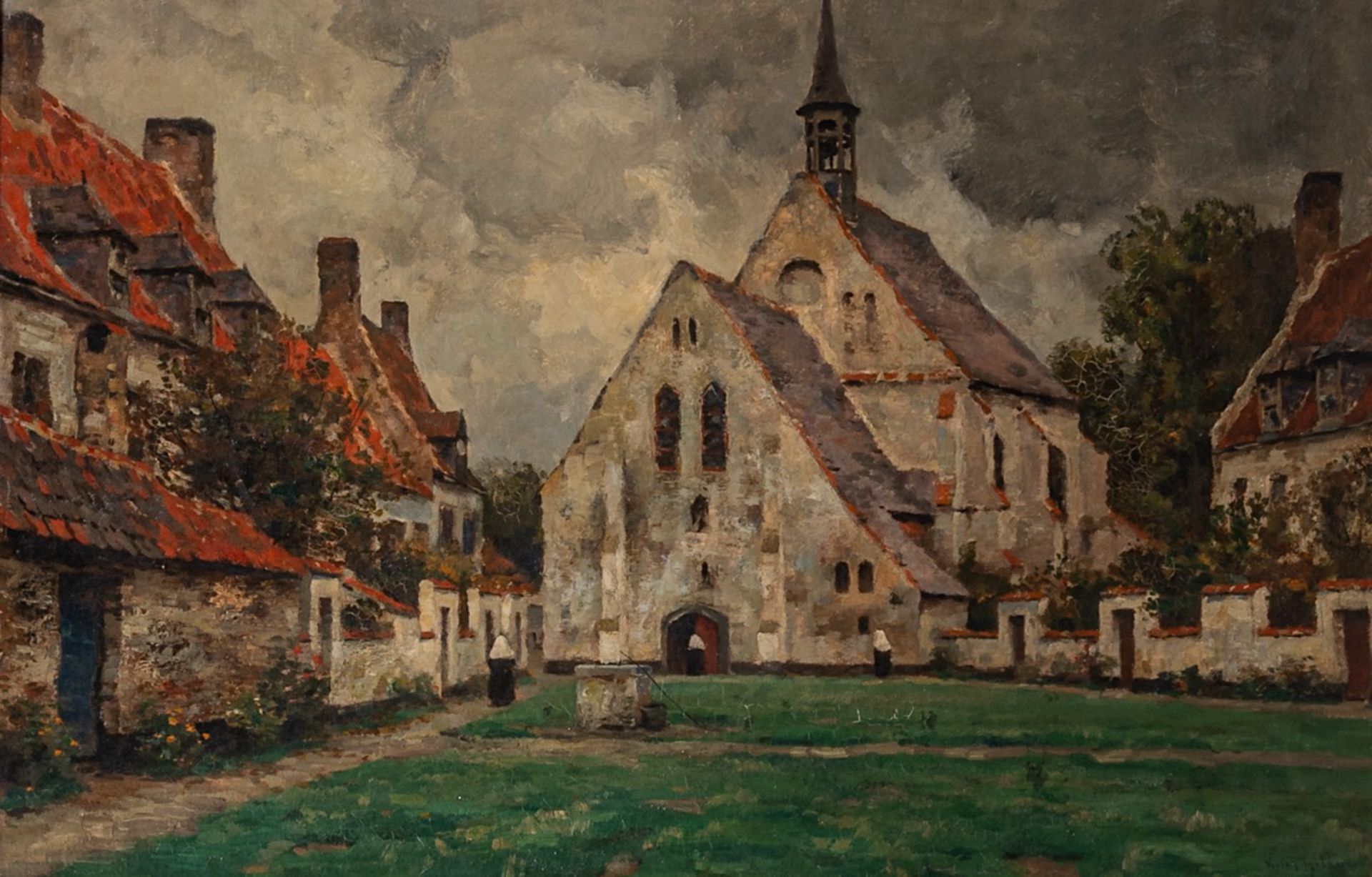 Victor Gilsoul (1867-1939), 'Beguinage en Flandre', oil on canvas 65 x 100 cm. (25.5 x 39.3 in.), Fr