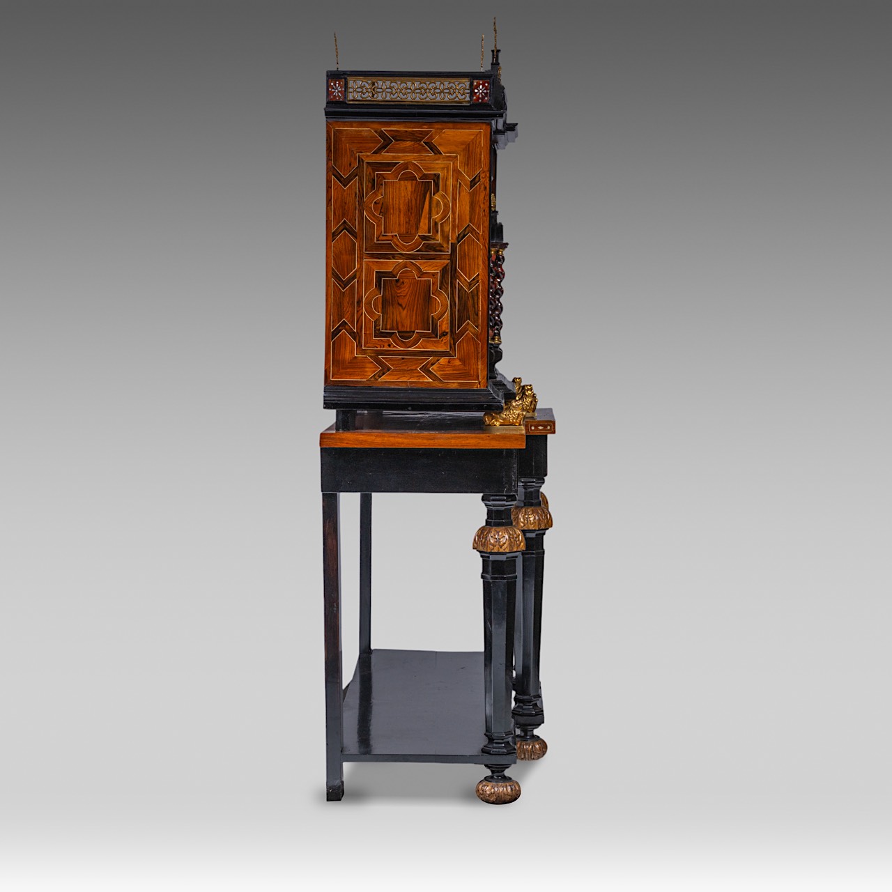 A 17thC cabinet-on-stand, inlaid with tortoiseshell, mother-of-pearl and ivory, H 194 cm (total) (+) - Image 9 of 9