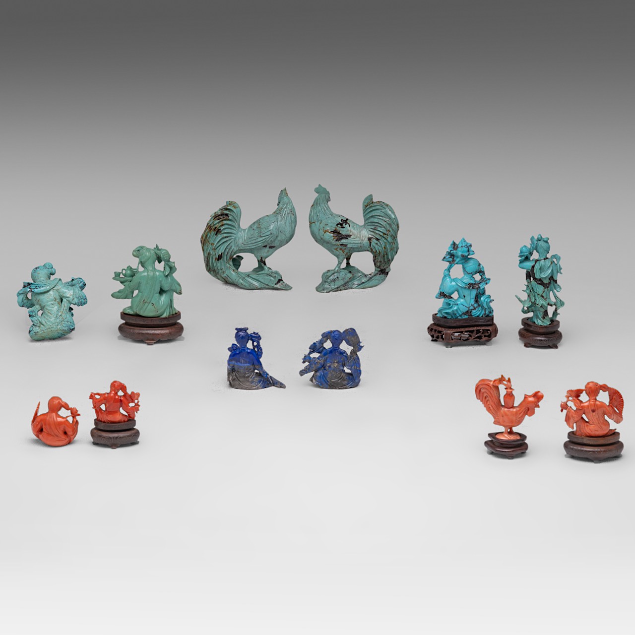 A small collection of Chinese turquoise, lapis lazuli, and red coral carvings, late Qing (late 19thC - Image 2 of 6