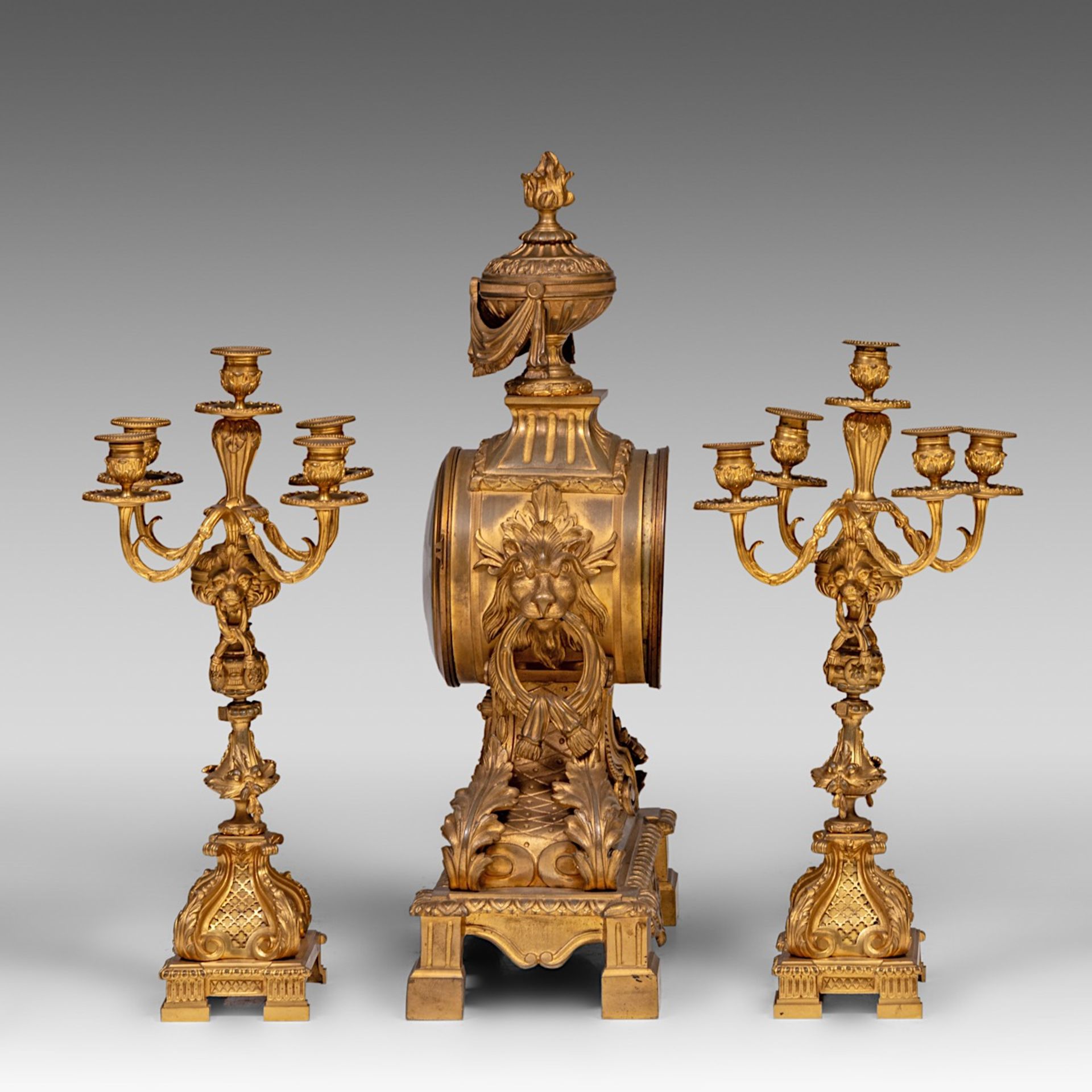 A three-piece Neoclassical gilt bronze mantle clock, H 50 - 65 cm - Image 2 of 6