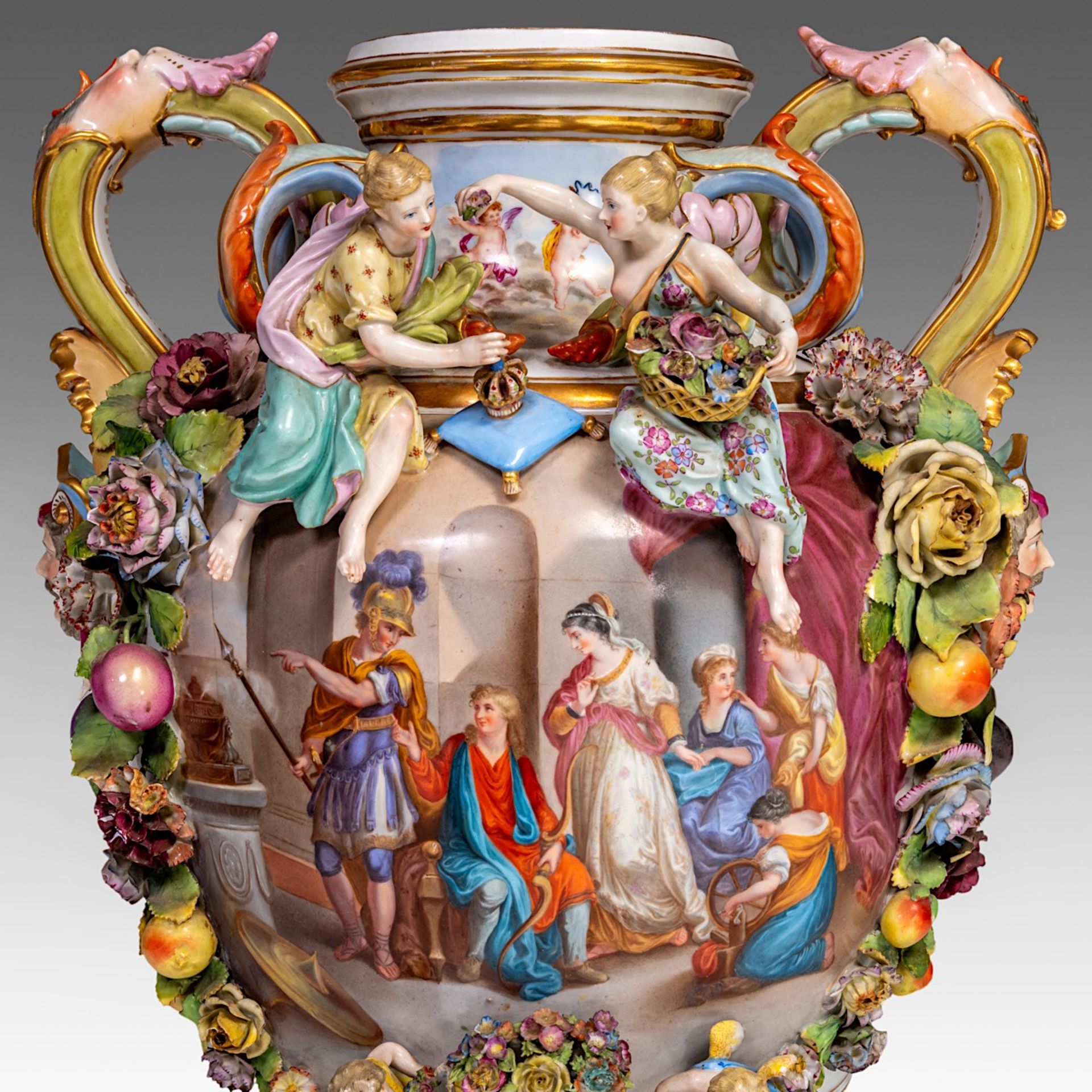 A very imposing Saxony porcelain vase on stand, Postschappel manufactory, Dresden, H 107 cm (total) - Image 15 of 23