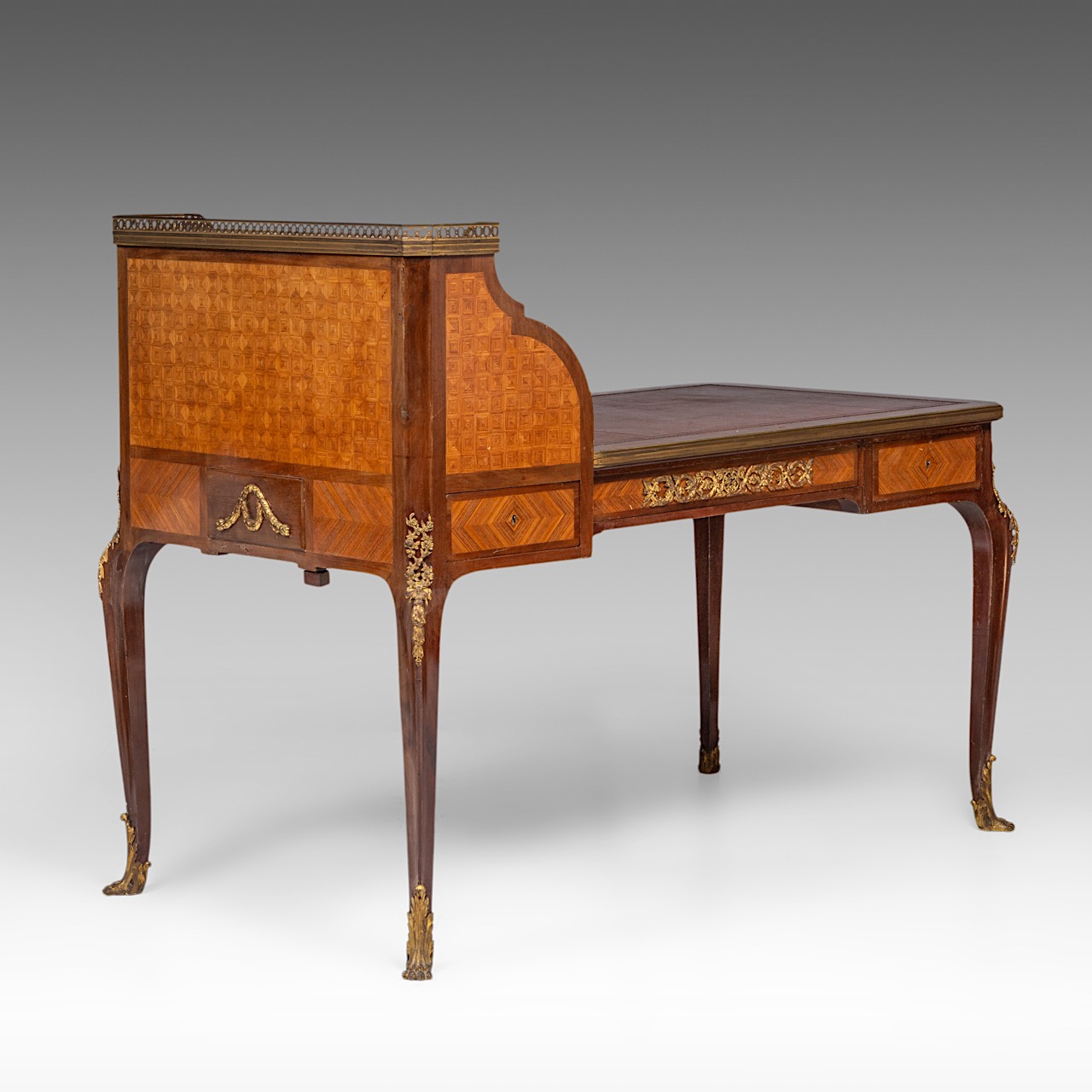 A leather-topped Transitional-style bureau plat and rolltop desk with parquetry and gilt bronze moun - Image 7 of 9