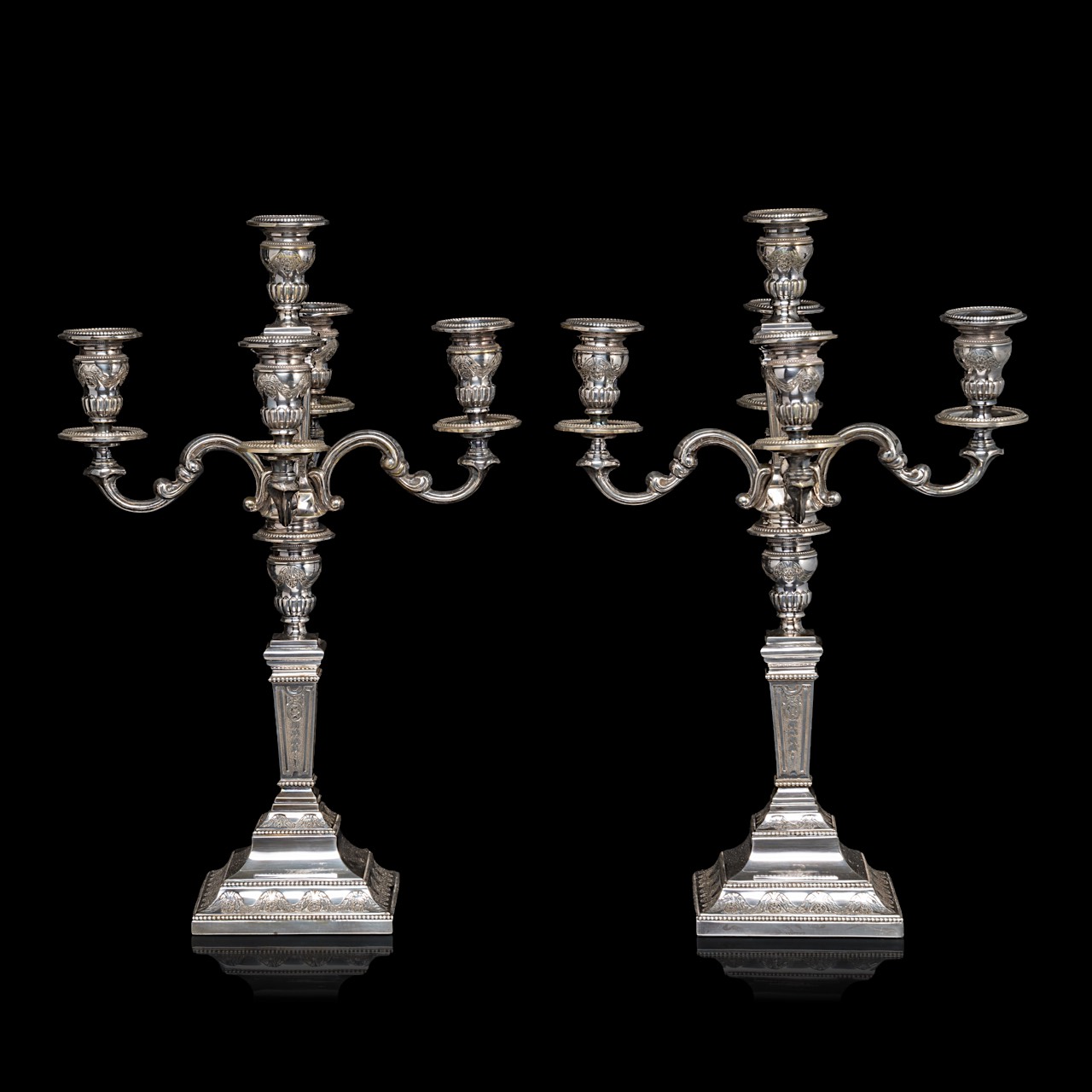 A pair of Neoclassical silver candelabras, Belgian hallmark (1942-present), 835/000, maker's mark Co - Image 3 of 7