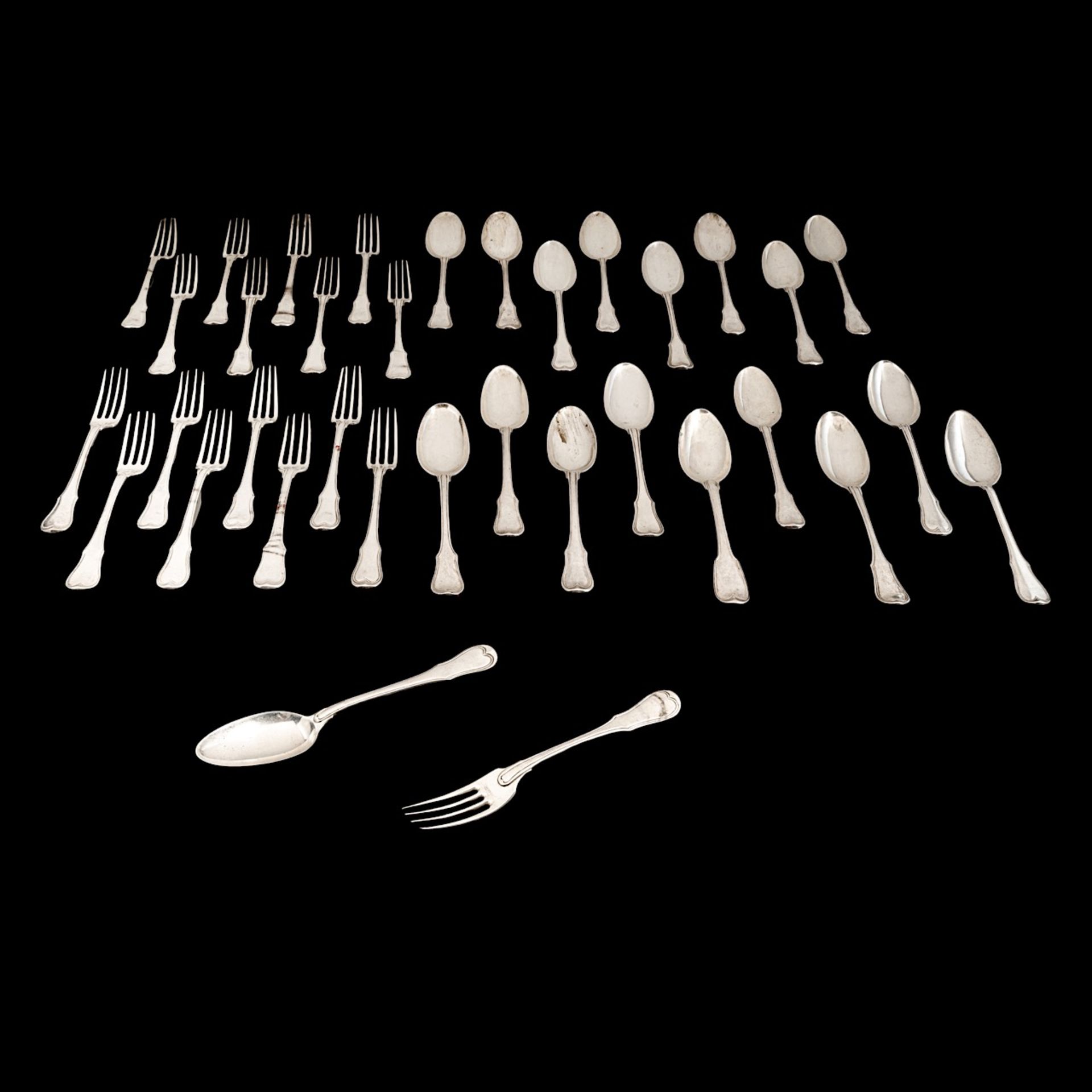 A late 18thC set of 17 forks and 18 spoons, Louvain and other hallmarks, weight: ca 2434 g - Image 2 of 6