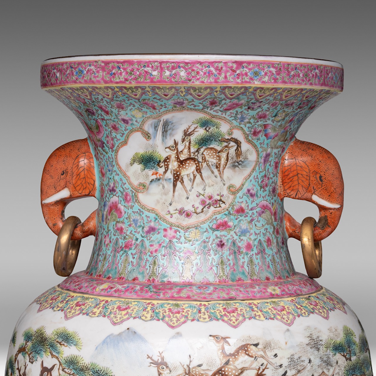 A Chinese famille rose 'One Hundred Deer' vase, paired with elephant-head handles, with a signed tex - Image 11 of 11