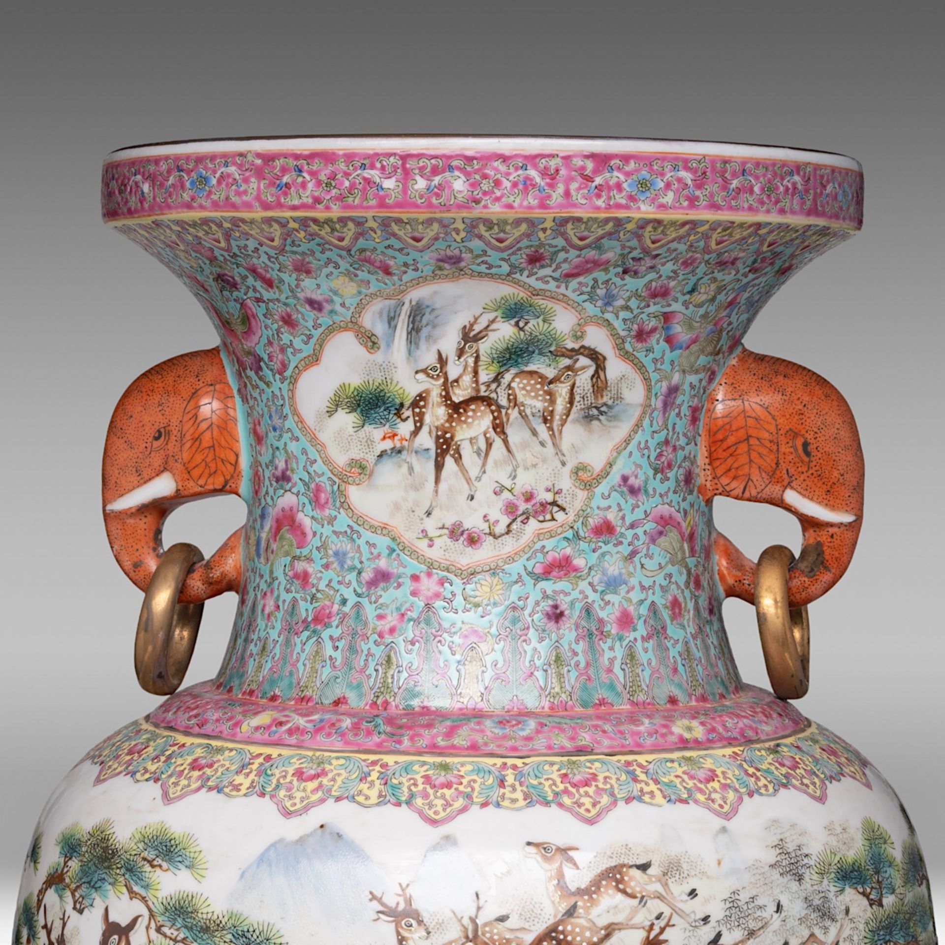A Chinese famille rose 'One Hundred Deer' vase, paired with elephant-head handles, with a signed tex - Bild 11 aus 11
