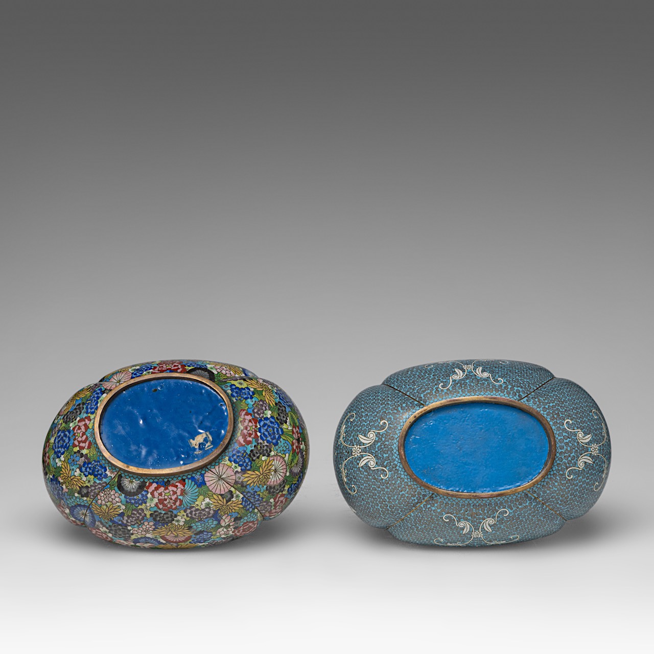 A small collection of two Chinese cloisonne narcissus planters and a pair of Canton enamelled double - Image 10 of 10