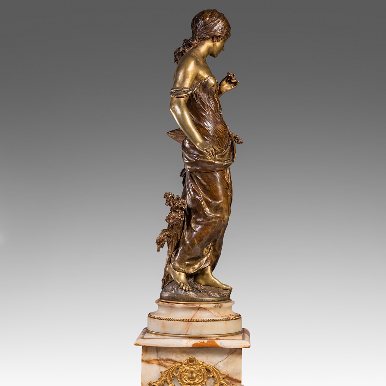 Auguste Moreau (1834-1917), lady with flower basket, patinated bronze on a Neoclassical onyx pedesta - Image 9 of 14