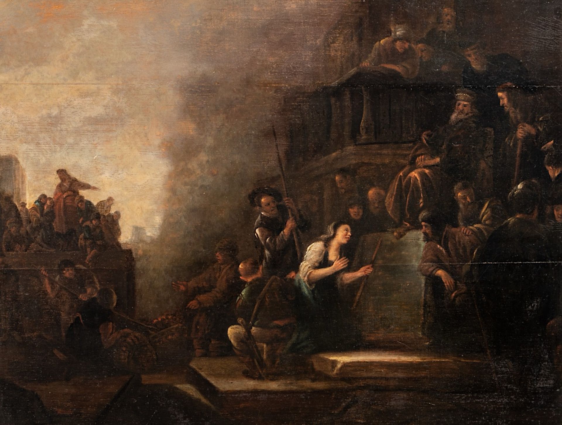 Attrib. to Jacob Willemsz De Wet de Oude (c. 1610-1675), a woman begging for mercy, oil on oak 50 x