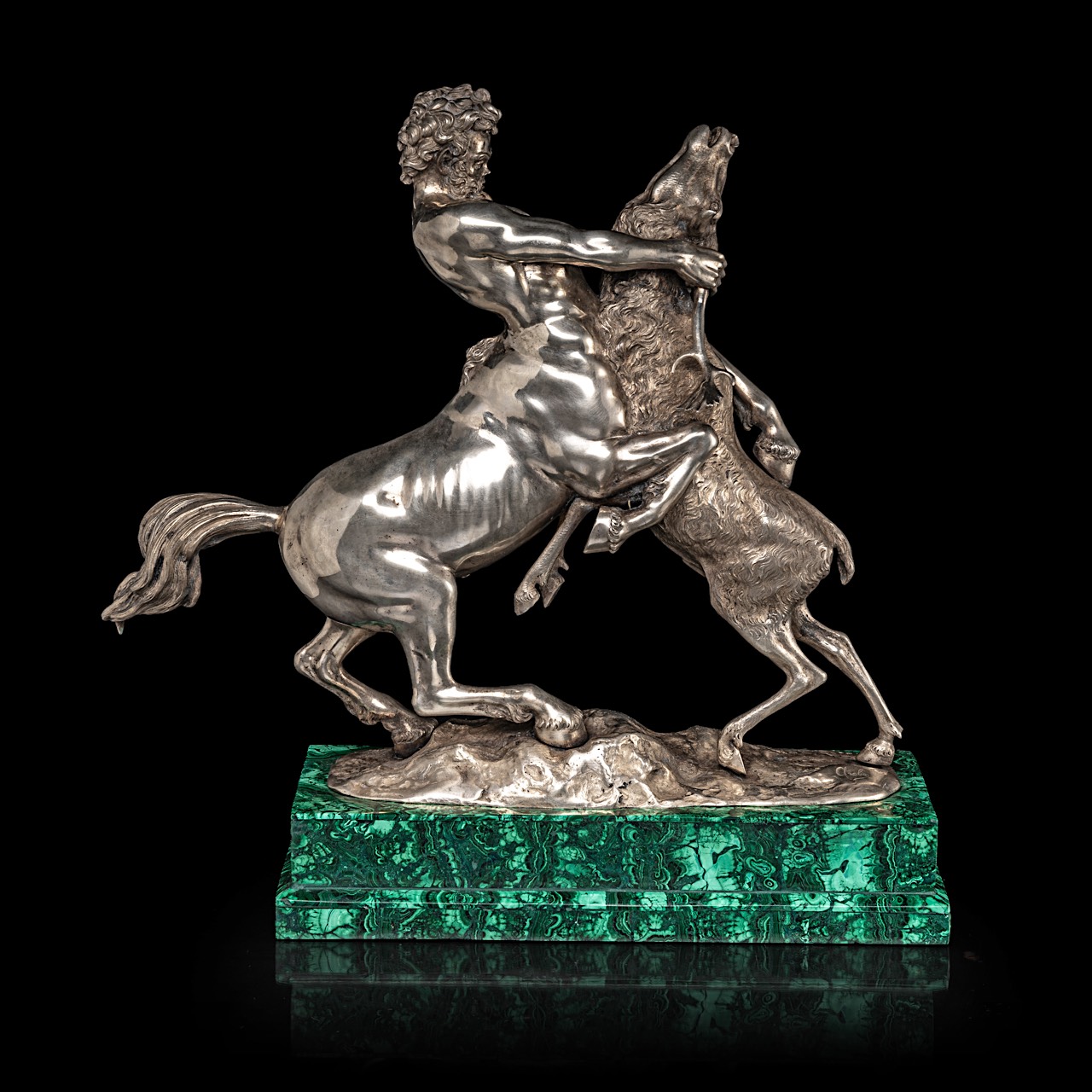 A silver figure of a centaur and deer fighting on a malachite veneered base, 800/000 35.5 x 36 x 13 - Image 6 of 11