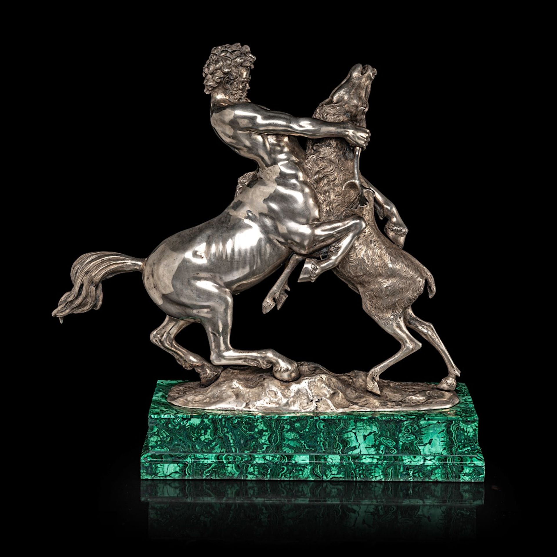 A silver figure of a centaur and deer fighting on a malachite veneered base, 800/000 35.5 x 36 x 13 - Bild 6 aus 11