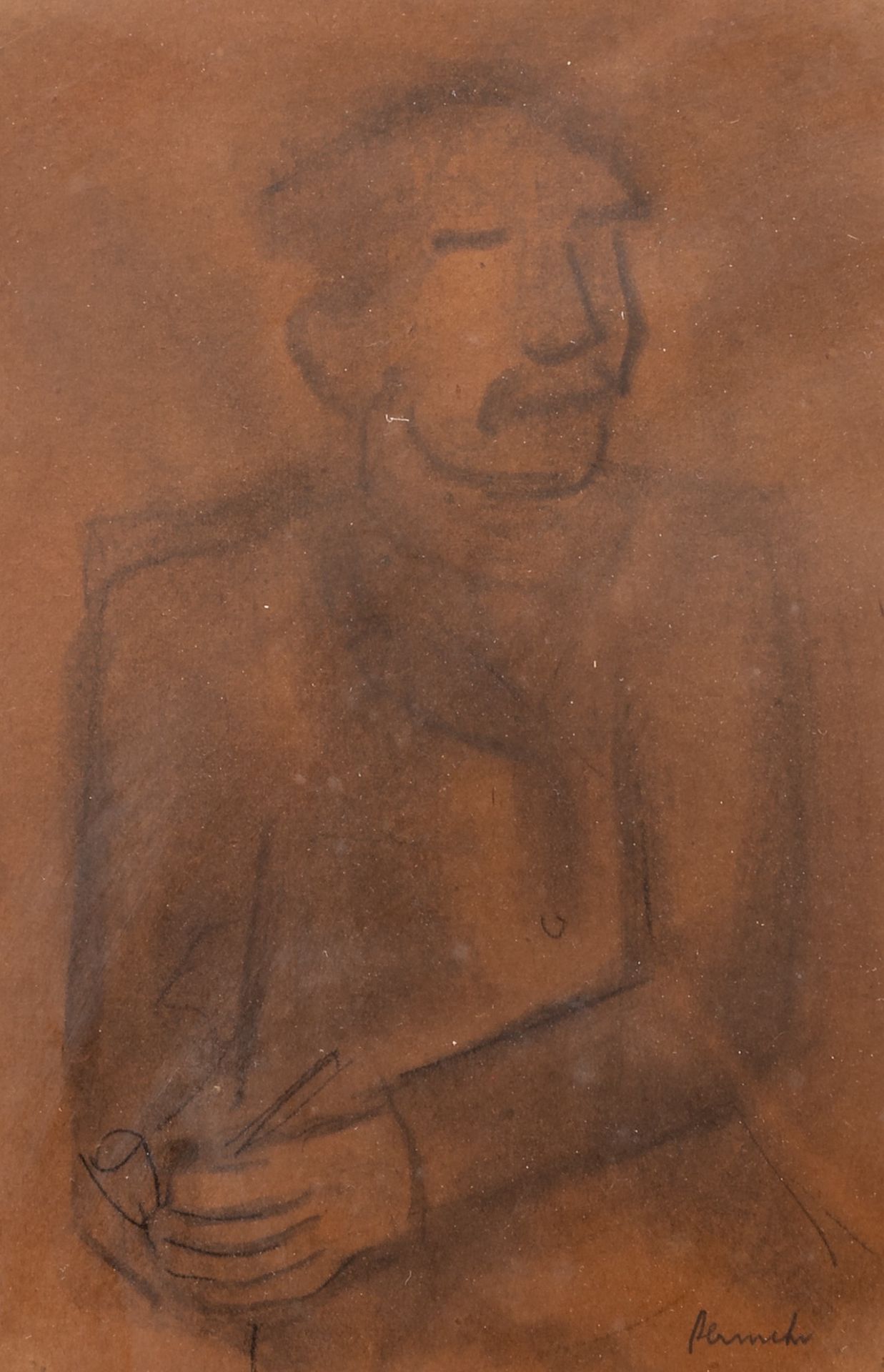 Constant Permeke (1886-1952), the pipe smoker, charcoal on paper 21 x 14 cm. (8.2 x 5.5 in.), Frame: