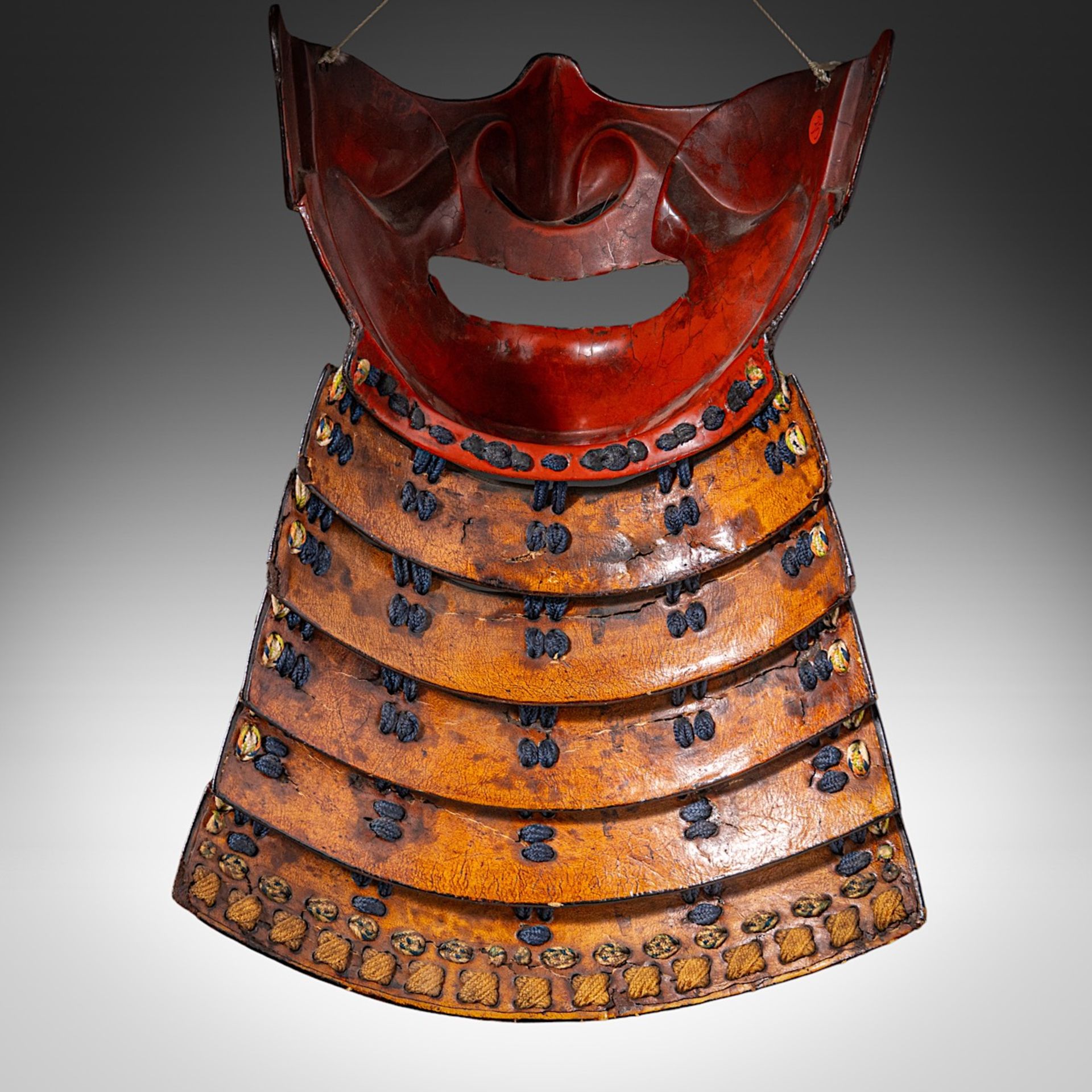 A Japanese late Edo/Meiji period (19thC) menpo (face guard for samurai armour), metal, leather and l - Image 3 of 5