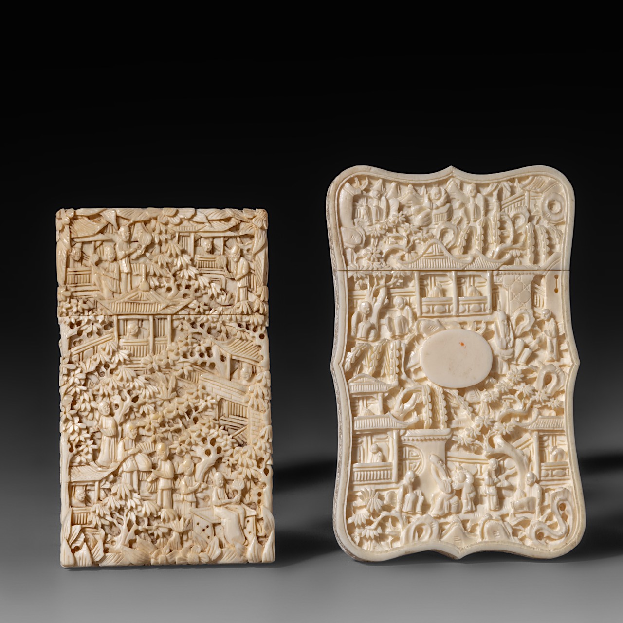 Two Chinese late 19th - early 20th century relief cut ivory calling card cases (+) - Image 2 of 5
