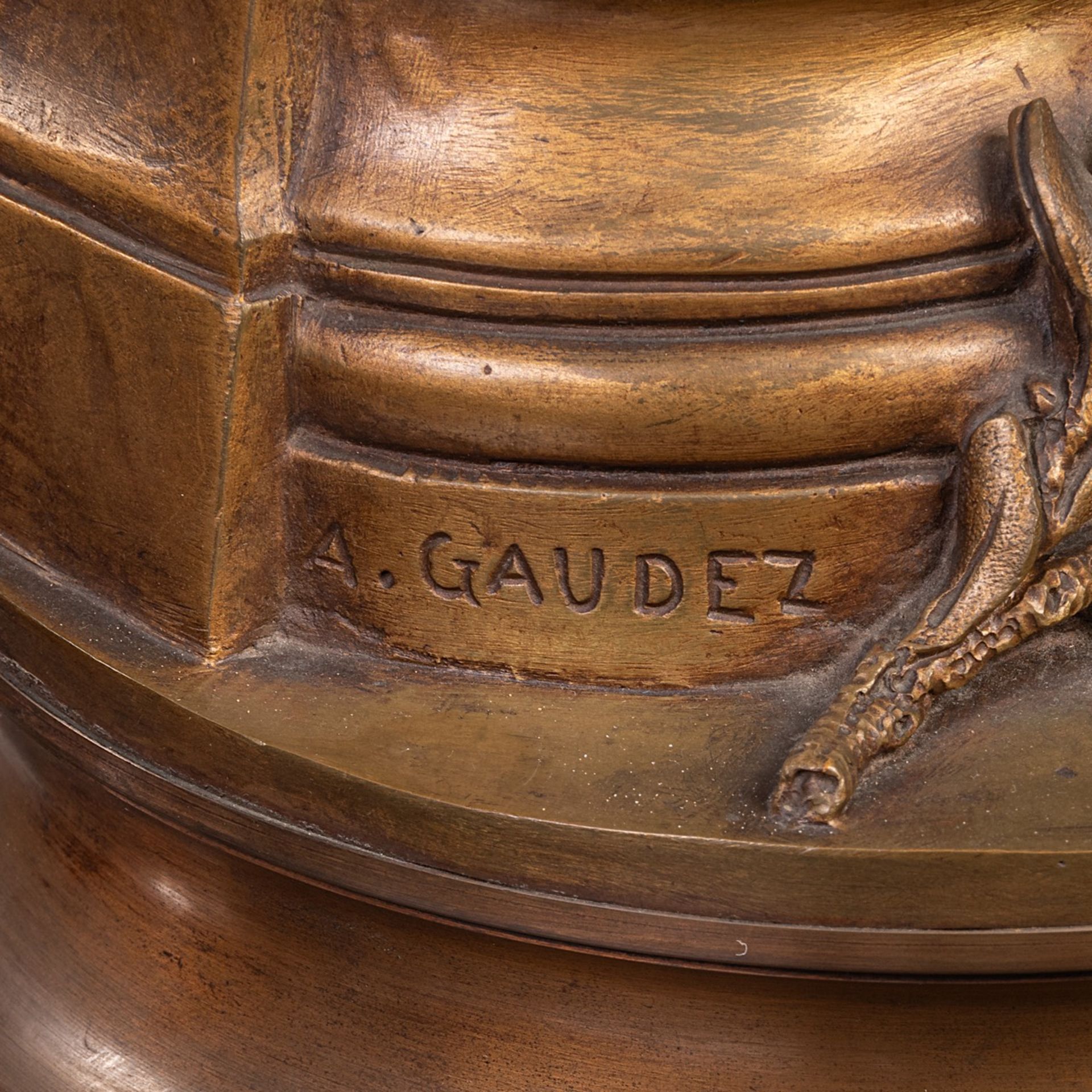 Adrien Etienne Gaudez (1845-1902), 'Gloire au travail', patinated bronze on a marble pedestal, H 169 - Bild 11 aus 18