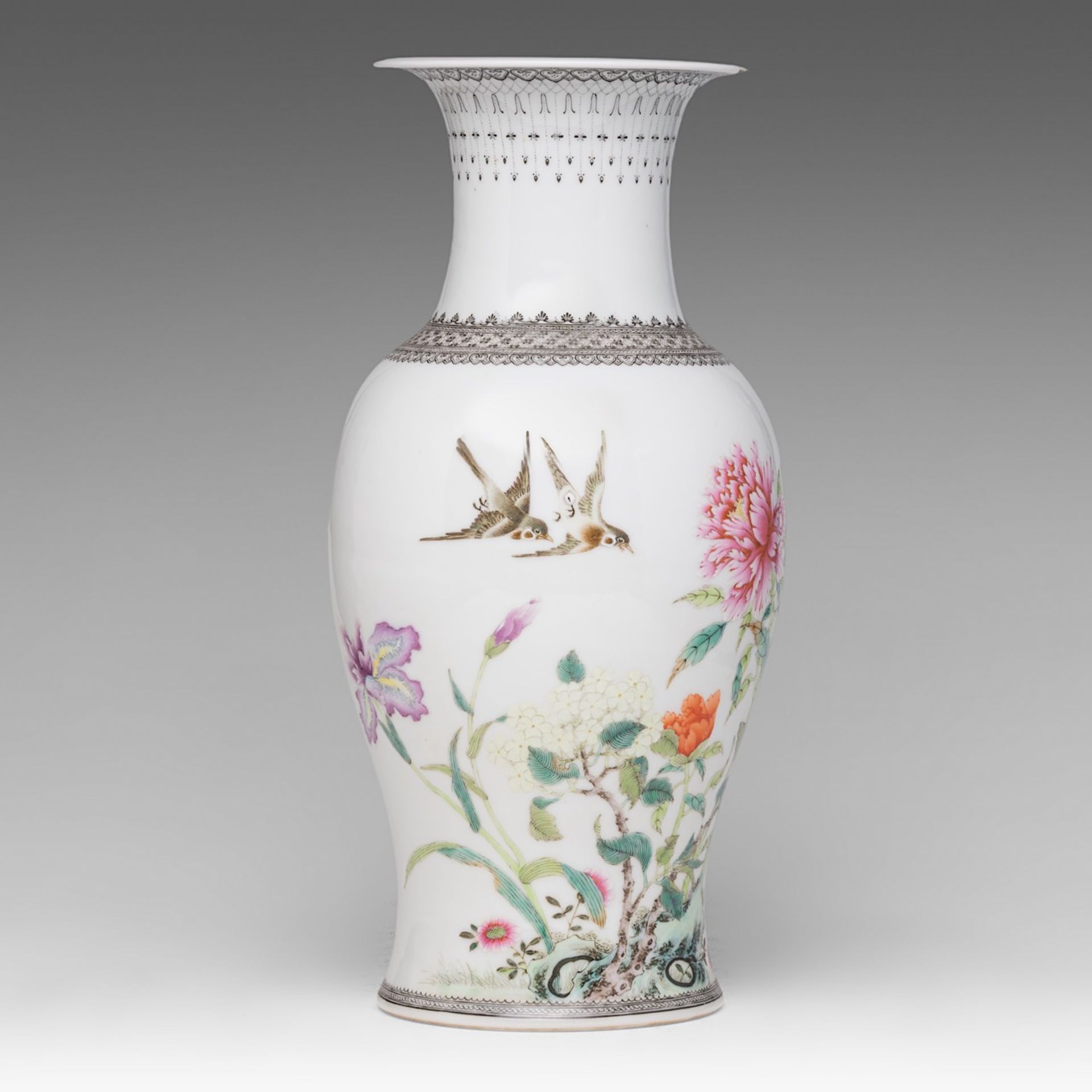 A Chinese famille rose 'Magpies in a Lotus Garden' vase, the back with a signed text, 20thC, H 41,3