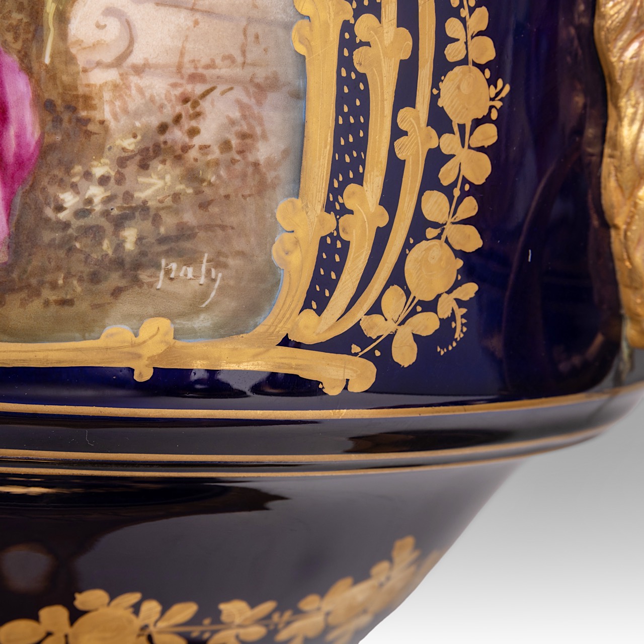 A pair of blue royale ground Sevres vases with hand-painted gallant scenes and gilt bronze mounts, H - Image 5 of 12