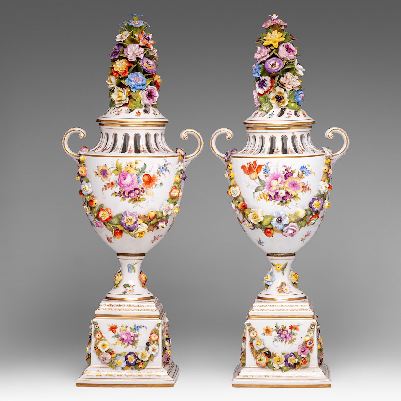 A pair of Saxony porcelain urns, with hand-painted roundels and flower relief decoration, marked Aug - Image 3 of 14