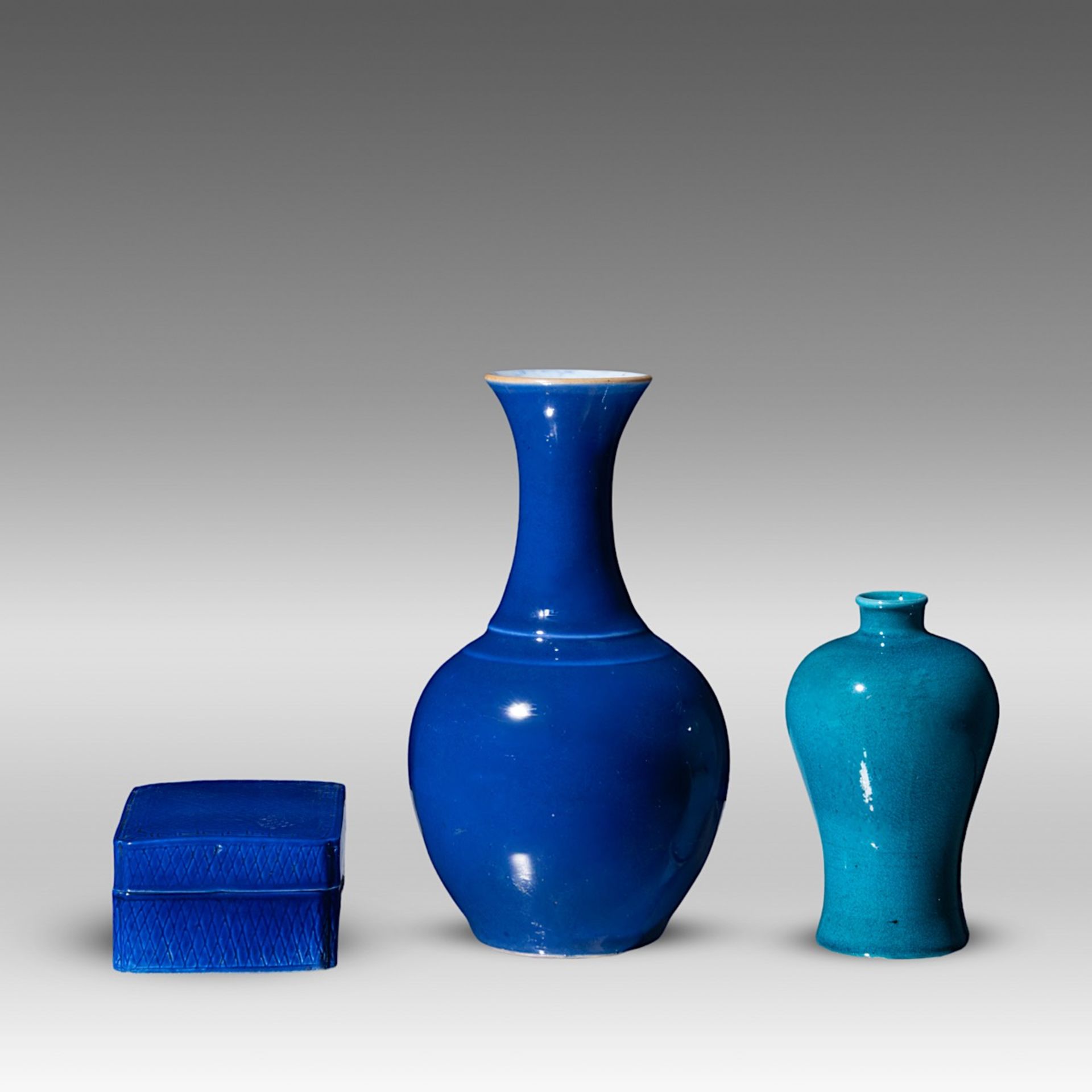 A small collection of three monochrome blue glazed porcelain ware, Qianlong period and late Qing, Ta - Image 3 of 8