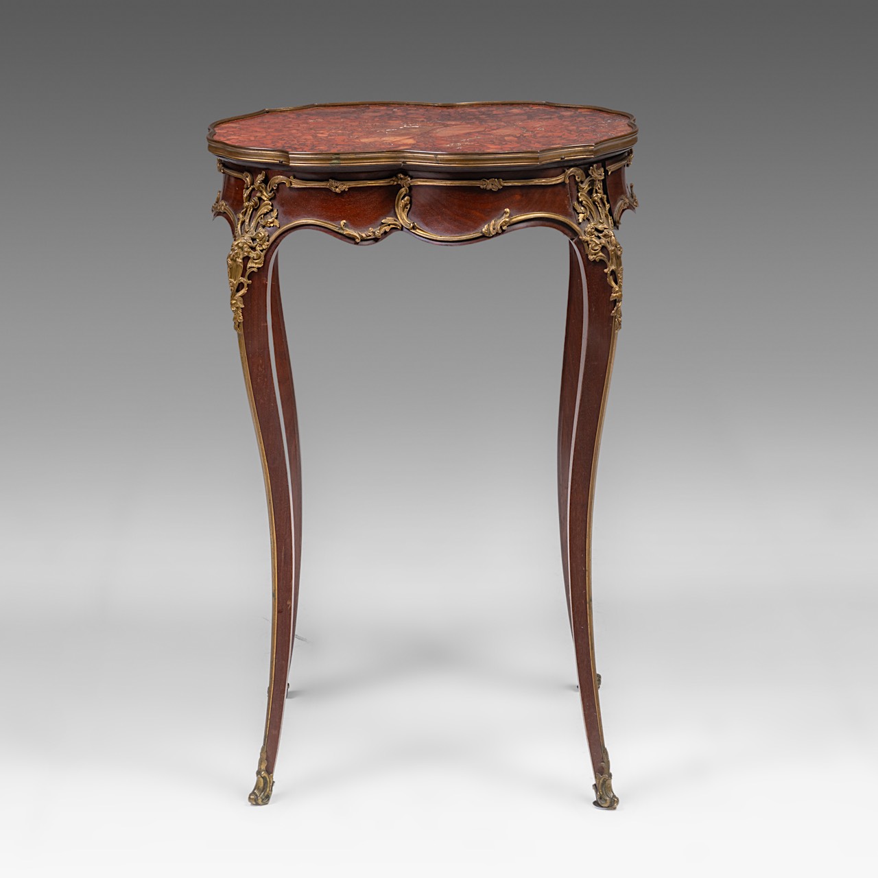 A mahogany marble-topped Louis XV (1723-1774) occasional table with gilt bronze mounts, H 77,5 cm - - Image 2 of 9