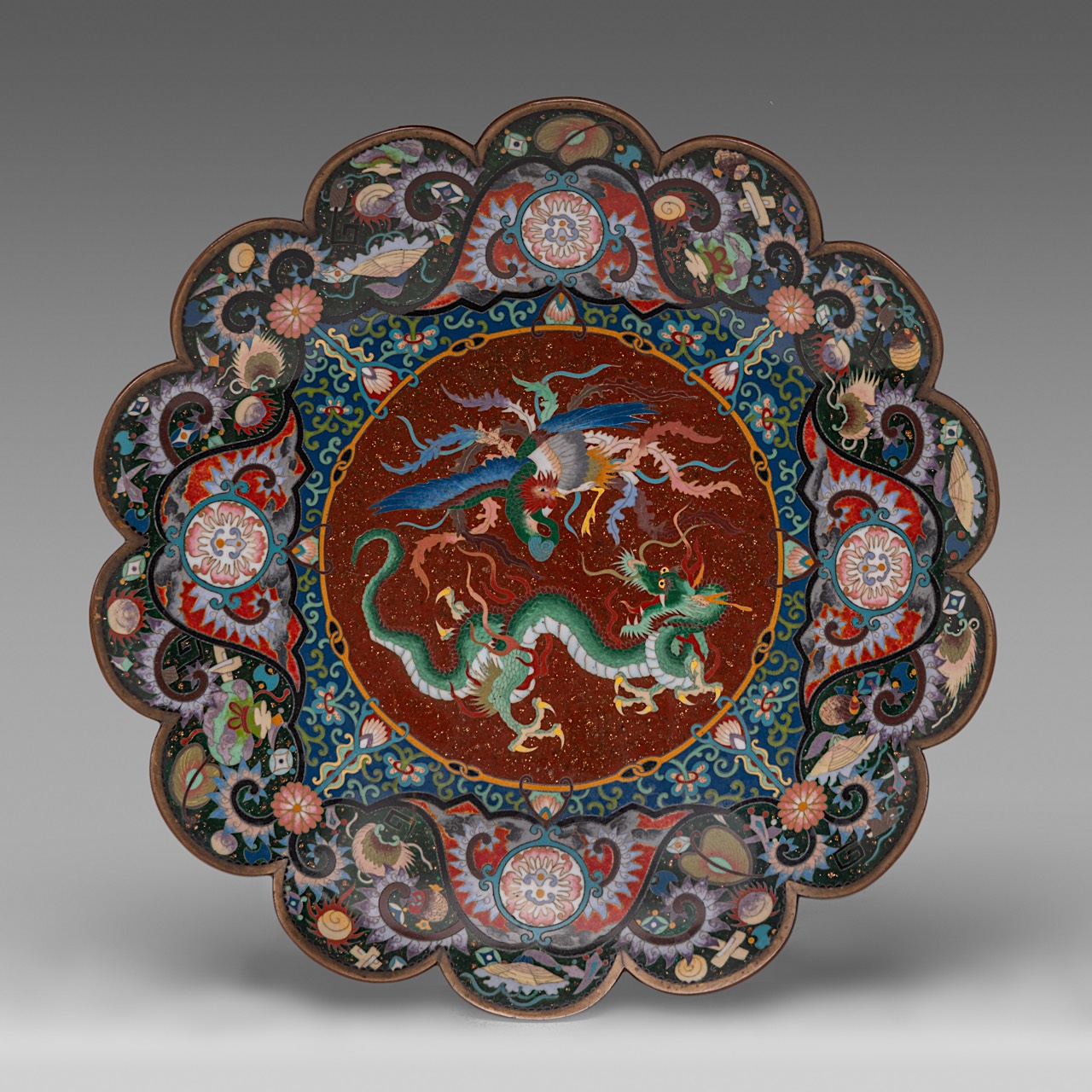 A collection of four Japanese cloisonne enamelled plates, one fixed on a gilt bronze foot, 20thC, di - Image 8 of 10