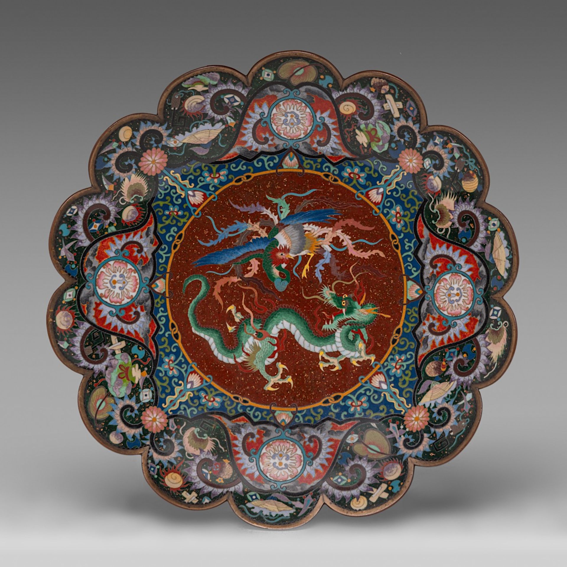 A collection of four Japanese cloisonne enamelled plates, one fixed on a gilt bronze foot, 20thC, di - Bild 8 aus 10