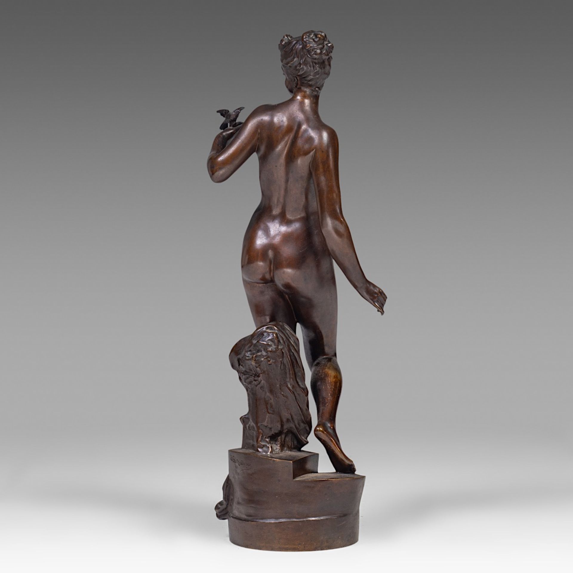Signed 'Telemaque', Venus with bird, patinated bronze, H 75 cm - Image 4 of 10