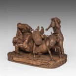 A fine terracotta group with an animated scene of a man falling off his mule, 19tC, H 29 - W 35 cm