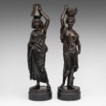 Charles Cumberworth (1811-1852), a pair of female water carriers, patinated bronze on marble base, H