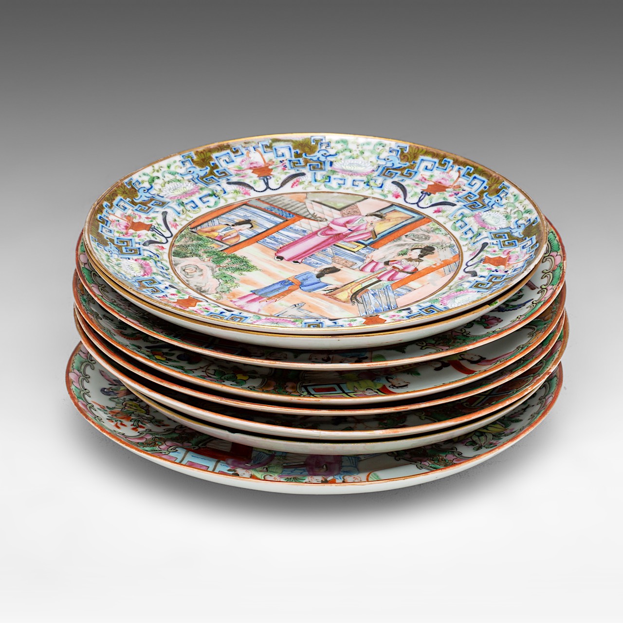 Eight Chinese Canton rose mandarin and rose medallion dishes, 19thC, dia 20 cm - added a famille noi - Image 2 of 16