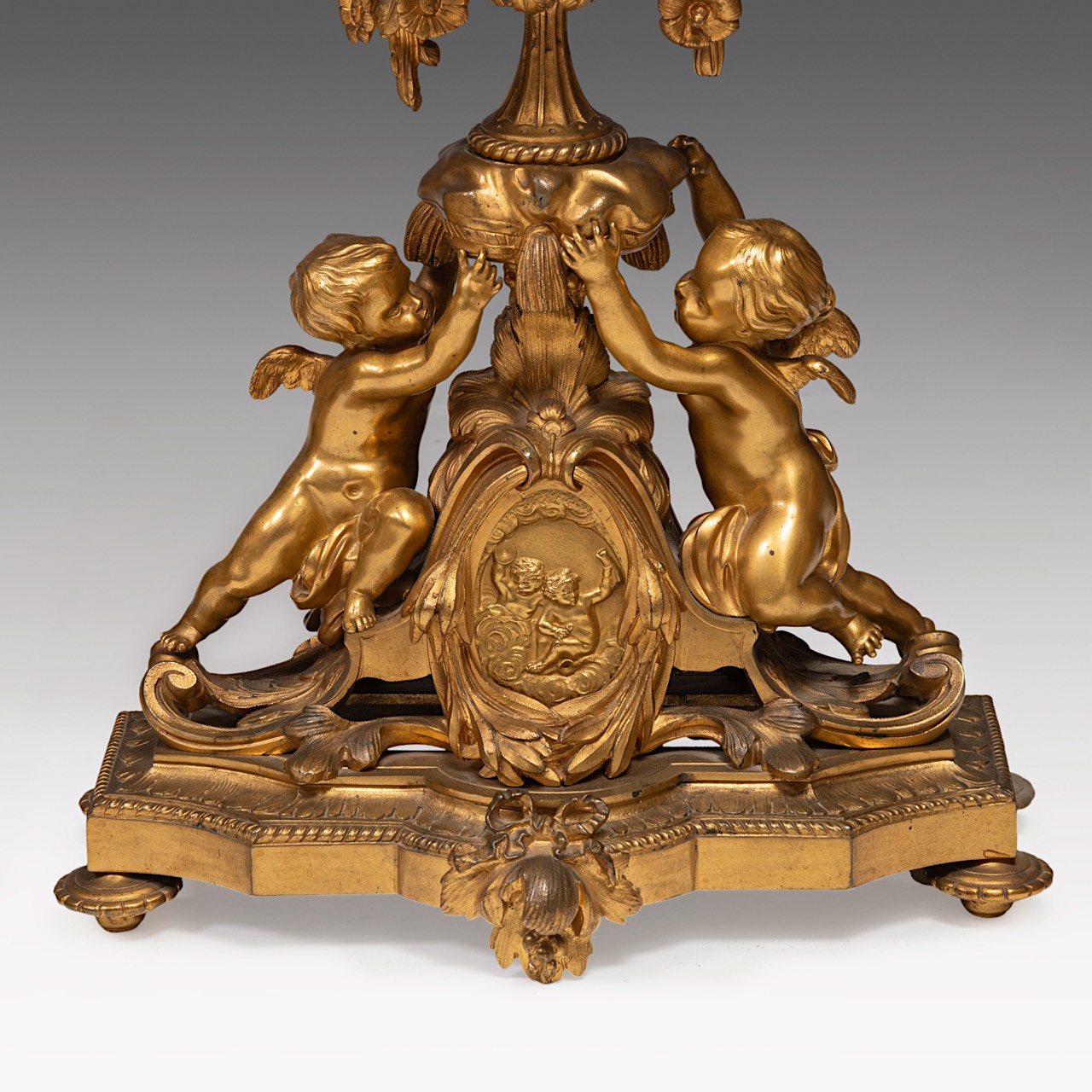 An imposing three-piece Napoleon III gilt bronze mantle clock, Lerolle Freres, Paris, H 70 - 82 cm - Image 12 of 12