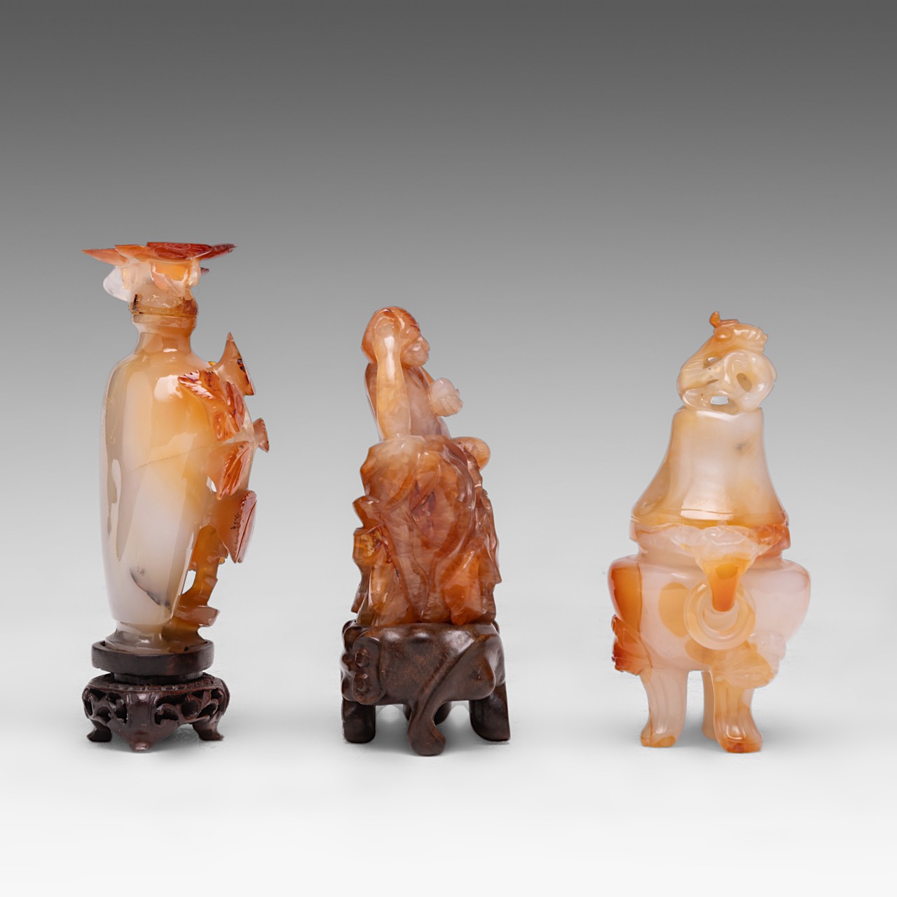 Three Chinese carnelian agate carvings: a tripod censer and cover, a 'Prunus' snuff bottle, 'Monkey - Image 4 of 8