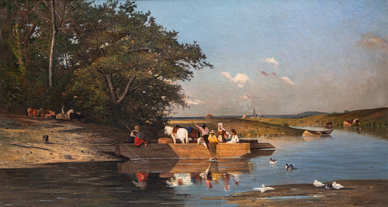 Franz Richard Unterberger (1838-1902), the ferry over the river, oil on canvas 72 x 132 cm. (28.3 x